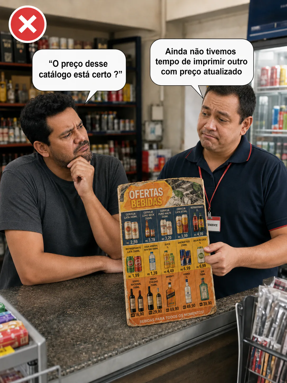 Cliente usando um catálogo impresso e desatualizado no balcão