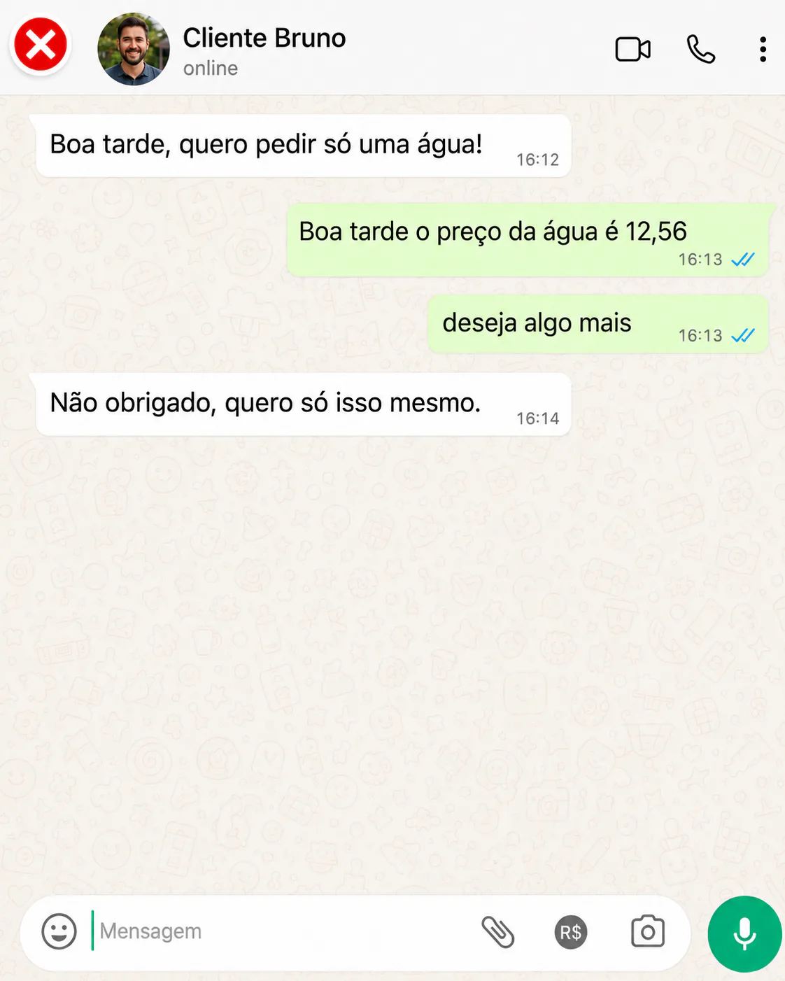 Conversa em que o cliente pede somente uma água e não conhece o restante do mix